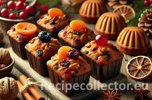 A rustic holiday scene with six golden-brown mini nutty fruitcakes in loaf pans, topped with glossy candied fruits and nuts, surrounded by festive decorations like pinecones and cinnamon sticks.