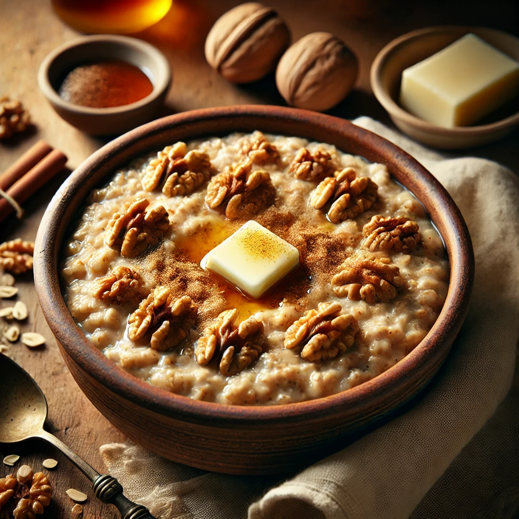 A warm and comforting bowl of Nutty Slow Cooker Oatmeal, thick and creamy, topped with toasted walnuts, a drizzle of maple syrup, and a sprinkle of brown sugar and cinnamon. A pat of butter melts into the oats, enhancing the rich texture. The bowl sits on a rustic wooden table, accompanied by a small dish of extra walnuts and a linen napkin. Warm, natural lighting enhances the cozy, homemade feel.