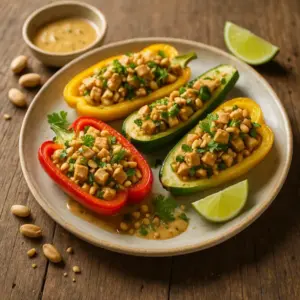 English alt text: A 600×600 photoreal, pesto-style food photo—halved bell peppers and zucchini boats stuffed with diced tofu and peanut-cilantro filling, drizzled with peanut-lime sauce; crushed peanuts and herbs scattered naturally, small ramekin of sauce and lime wedge as props; soft side/back light, shallow depth-of-field; on the same rustic plank wooden table as the reference; no text on the image.