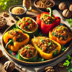 A plate of Nutty Veggie Stuffed Delights featuring baked bell peppers and zucchini halves filled with a quinoa and nut mixture, garnished with parsley and crushed walnuts, served on a wooden table with walnuts and parsley in the background.
