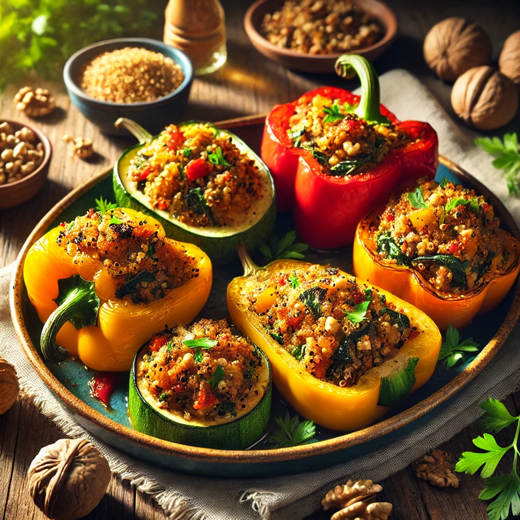 A plate of Nutty Veggie Stuffed Delights featuring baked bell peppers and zucchini halves filled with a quinoa and nut mixture, garnished with parsley and crushed walnuts, served on a wooden table with walnuts and parsley in the background.