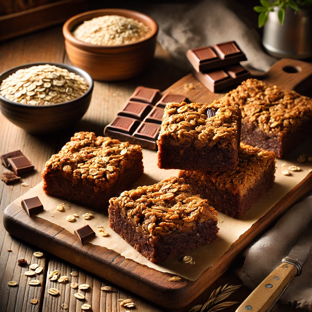 A rustic presentation of oatmeal brownies, elegantly arranged on a wooden table. The brownies have a rich, fudgy chocolate base with a golden, slightly crisp oatmeal topping. Some brownies are stacked on a wooden cutting board, while others are cut into squares to highlight the chewy texture. Scattered around are rolled oats, chocolate chunks, and a drizzle of melted chocolate. Soft natural lighting enhances the warm and inviting feel, with gentle shadows and a hint of greenery in the background.