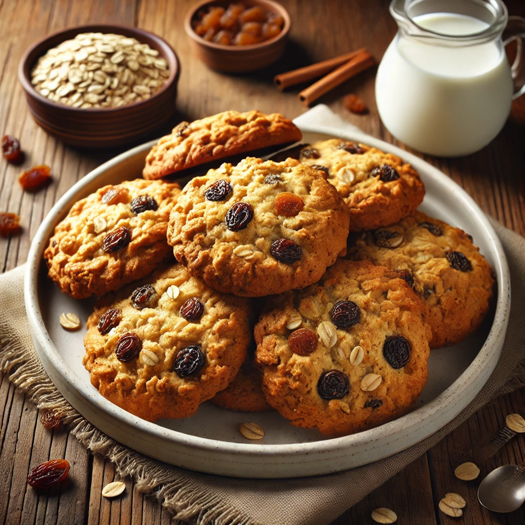 A beautifully plated batch of Oatmeal Raisin Cookies served on a rustic wooden table. The cookies are golden-brown, soft, and chewy, filled with plump raisins and hearty oats. Lightly dusted with cinnamon and arranged on a white ceramic plate. Served with a side of fresh milk and a small bowl of extra raisins. The warm wooden table is more visible, providing a cozy and inviting setting.