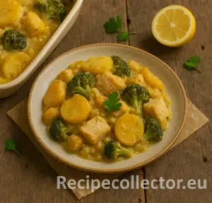 A creamy baked dish featuring golden potato rounds, broccoli, and plant-based fish-style chunks in a rich sauce, plated with a halved lemon and extra herbs beside a rustic baking dish, all on a wooden table.