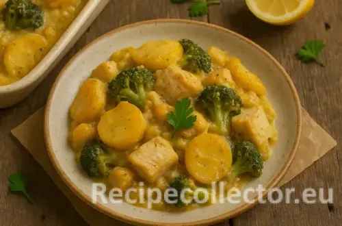 A creamy baked dish featuring golden potato rounds, broccoli, and plant-based fish-style chunks in a rich sauce, plated with a halved lemon and extra herbs beside a rustic baking dish, all on a wooden table.