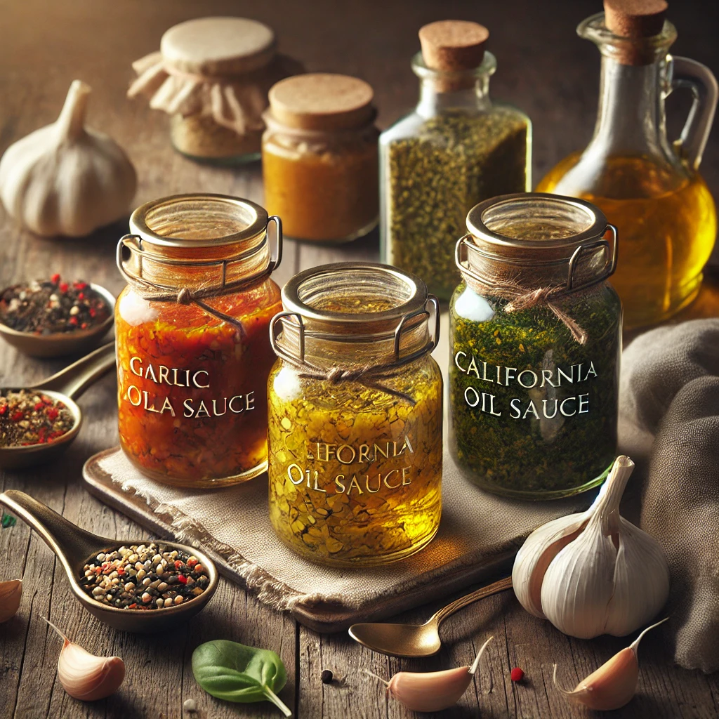 Three small jars of oil-based pizza sauces sit on a rustic wooden table. One jar contains garlic oil sauce with minced garlic, another holds California oil sauce with visible dried herbs like oregano, basil, and parsley, and the third features Southwestern oil sauce with hints of cumin and black pepper. Fresh garlic cloves, small bowls of dried herbs and spices, and a bottle of olive oil surround the jars, creating a cozy and appetizing display.