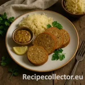 Three slices of apple-sage vegan sausage served with sauerkraut, grainy mustard, a lemon wedge, and parsley on a ceramic plate, styled with warm lighting and rustic autumn props.