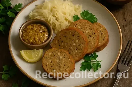 Three slices of apple-sage vegan sausage served with sauerkraut, grainy mustard, a lemon wedge, and parsley on a ceramic plate, styled with warm lighting and rustic autumn props.