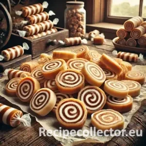 Close-up of vintage-style mashed potato candy swirled with peanut butter, sliced into rounds and displayed on waxed paper atop a rustic wooden surface. Individually wrapped pieces are also visible.