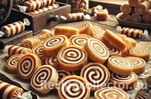 Close-up of vintage-style mashed potato candy swirled with peanut butter, sliced into rounds and displayed on waxed paper atop a rustic wooden surface. Individually wrapped pieces are also visible.
