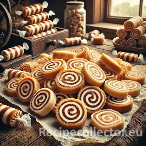 Close-up of vintage-style mashed potato candy swirled with peanut butter, sliced into rounds and displayed on waxed paper atop a rustic wooden surface. Individually wrapped pieces are also visible.