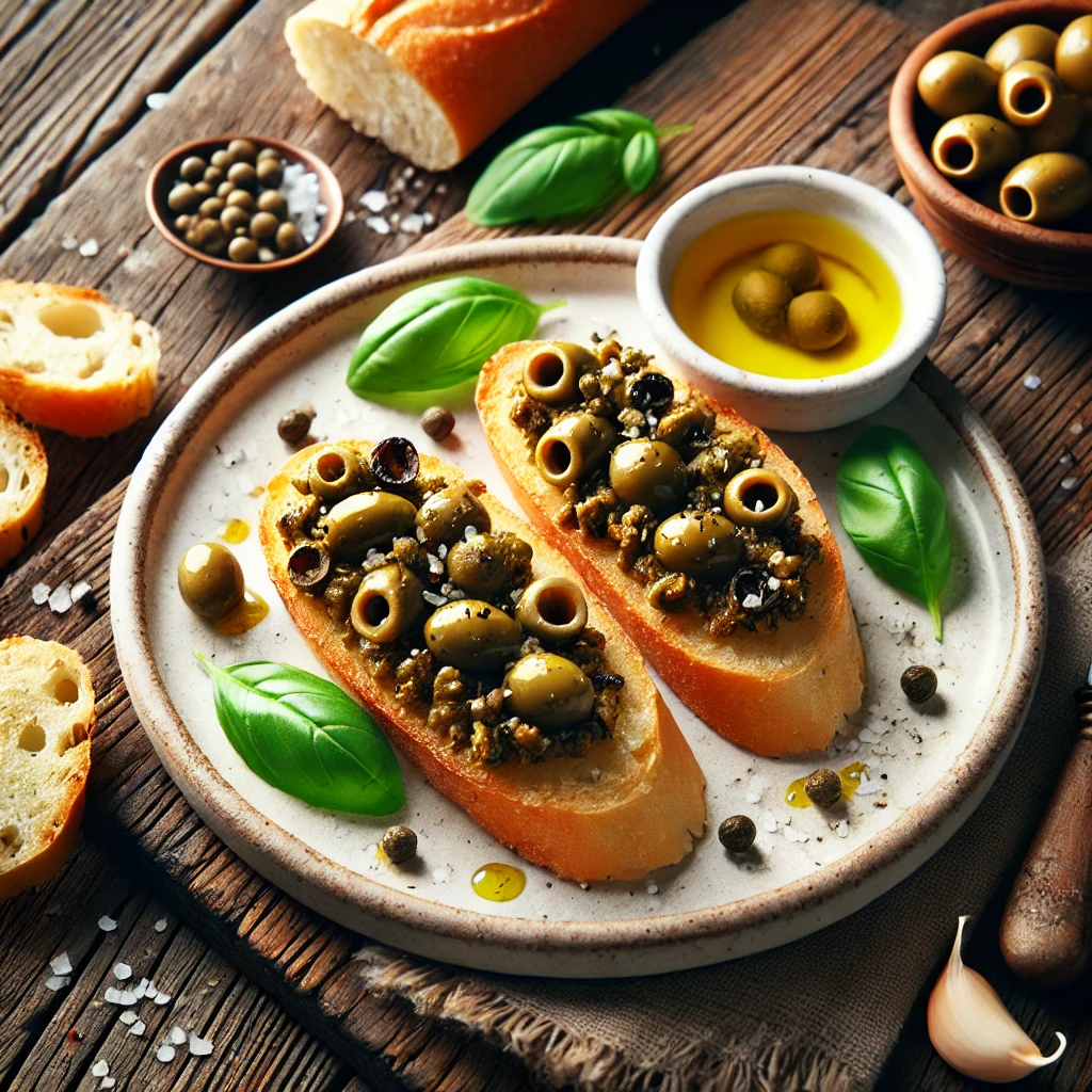 A beautifully plated Olive Bruschetta served on a rustic wooden table. The dish features crispy toasted baguette slices topped with a flavorful olive tapenade made from black and green olives, garlic, capers, and olive oil. Garnished with fresh basil leaves and a sprinkle of sea salt. Served on a white ceramic plate with a side of extra virgin olive oil for dipping. The warm wooden table is more visible, providing a cozy and inviting setting.