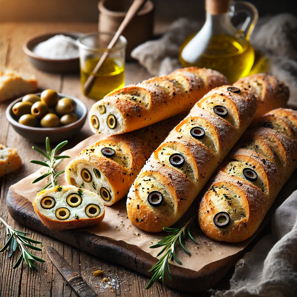 A batch of freshly baked Olive Mini Baguettes with a golden, crispy crust and a soft, airy interior speckled with black and green olives. The baguettes have a rustic, artisanal appearance with a slightly flour-dusted surface. They are arranged on a wooden cutting board atop a rustic wooden table, with a few sliced open to reveal the flavorful olive-studded crumb. A small dish of olive oil, fresh rosemary sprigs, and a linen napkin add to the cozy presentation. Warm, natural lighting enhances the inviting, homemade feel.