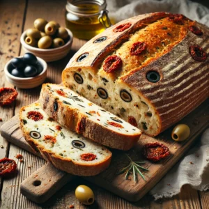 A freshly baked olive and sun-dried tomato bread on a rustic wooden table, featuring a golden, crusty exterior with dark olives and sun-dried tomatoes visible on the surface. A few slices are cut to reveal the soft, airy interior, generously studded with olives and tomato pieces. The loaf rests on a wooden cutting board, with scattered olives, sun-dried tomatoes, and a small dish of olive oil nearby. Soft natural lighting enhances the warm, Mediterranean tones.