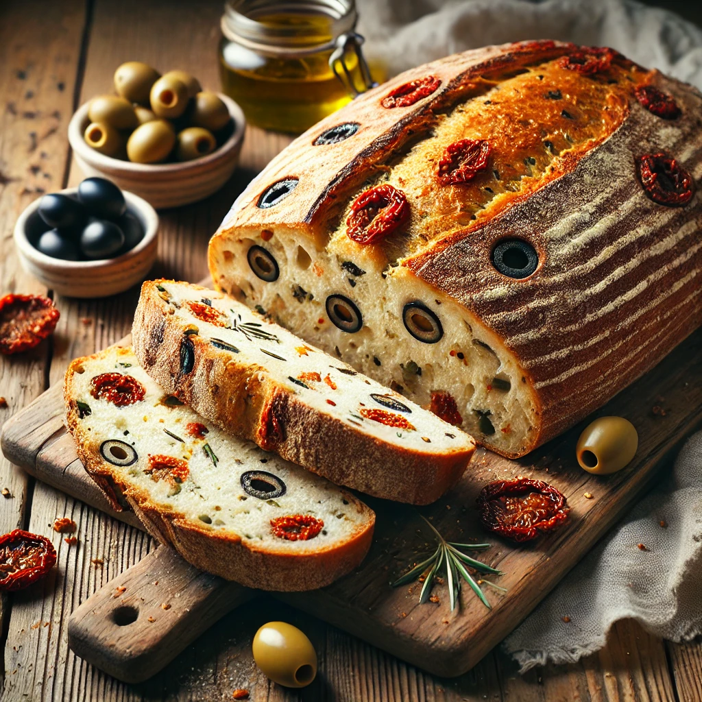 A freshly baked olive and sun-dried tomato bread on a rustic wooden table, featuring a golden, crusty exterior with dark olives and sun-dried tomatoes visible on the surface. A few slices are cut to reveal the soft, airy interior, generously studded with olives and tomato pieces. The loaf rests on a wooden cutting board, with scattered olives, sun-dried tomatoes, and a small dish of olive oil nearby. Soft natural lighting enhances the warm, Mediterranean tones.