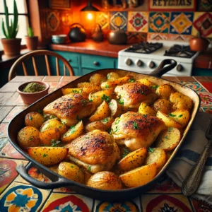 One-pan chicken and potato bake with golden roasted chicken and seasoned potatoes, served in a cozy Mexican-inspired setting.