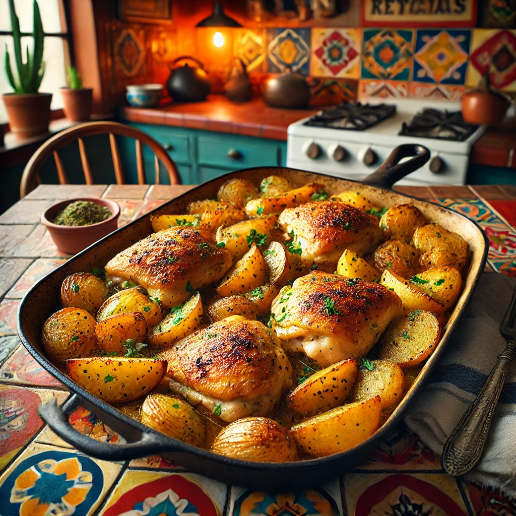 One-pan chicken and potato bake with golden roasted chicken and seasoned potatoes, served in a cozy Mexican-inspired setting.