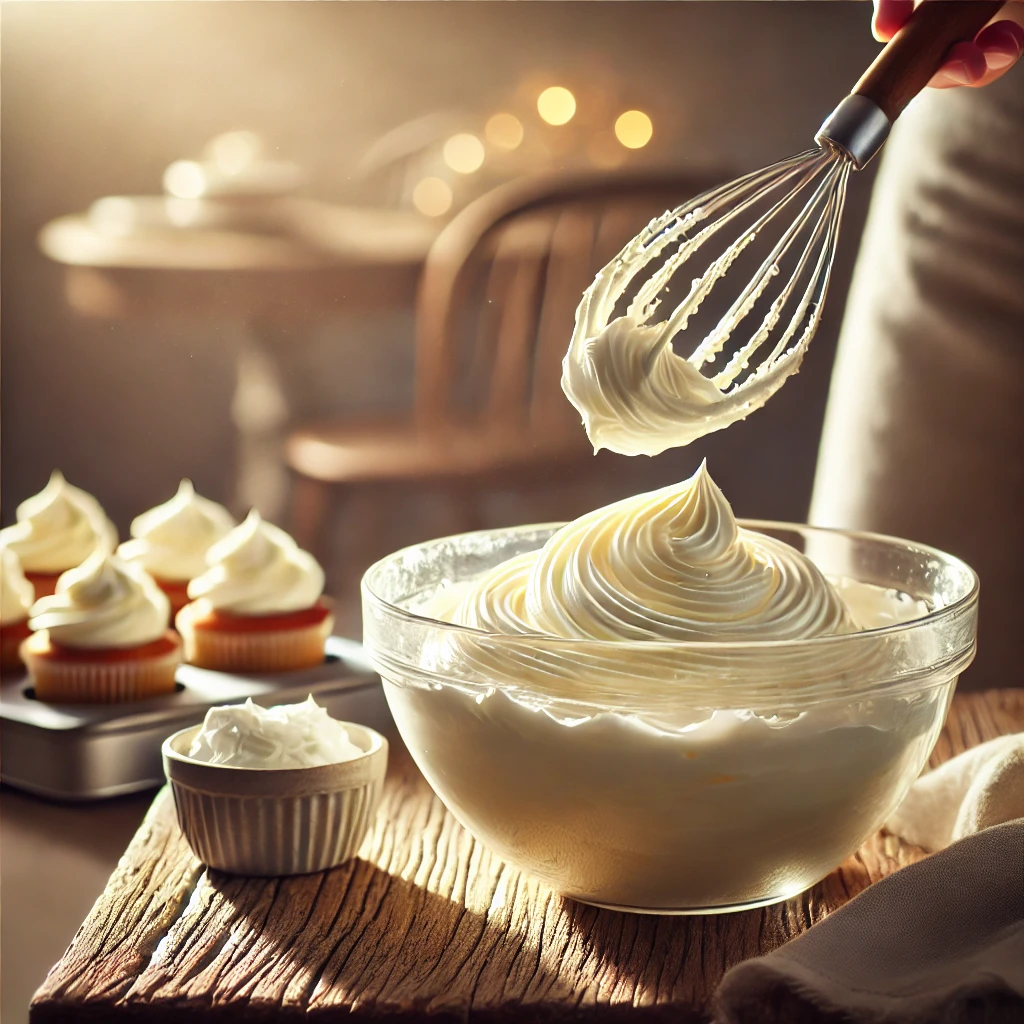One-Bowl Buttercream Frosting being whipped in a mixing bowl, with a spatula lifting the smooth, creamy frosting. The bowl sits on a rustic wooden table with a small bowl of extra frosting and a plate of cupcakes ready for decorating in the softly blurred background.