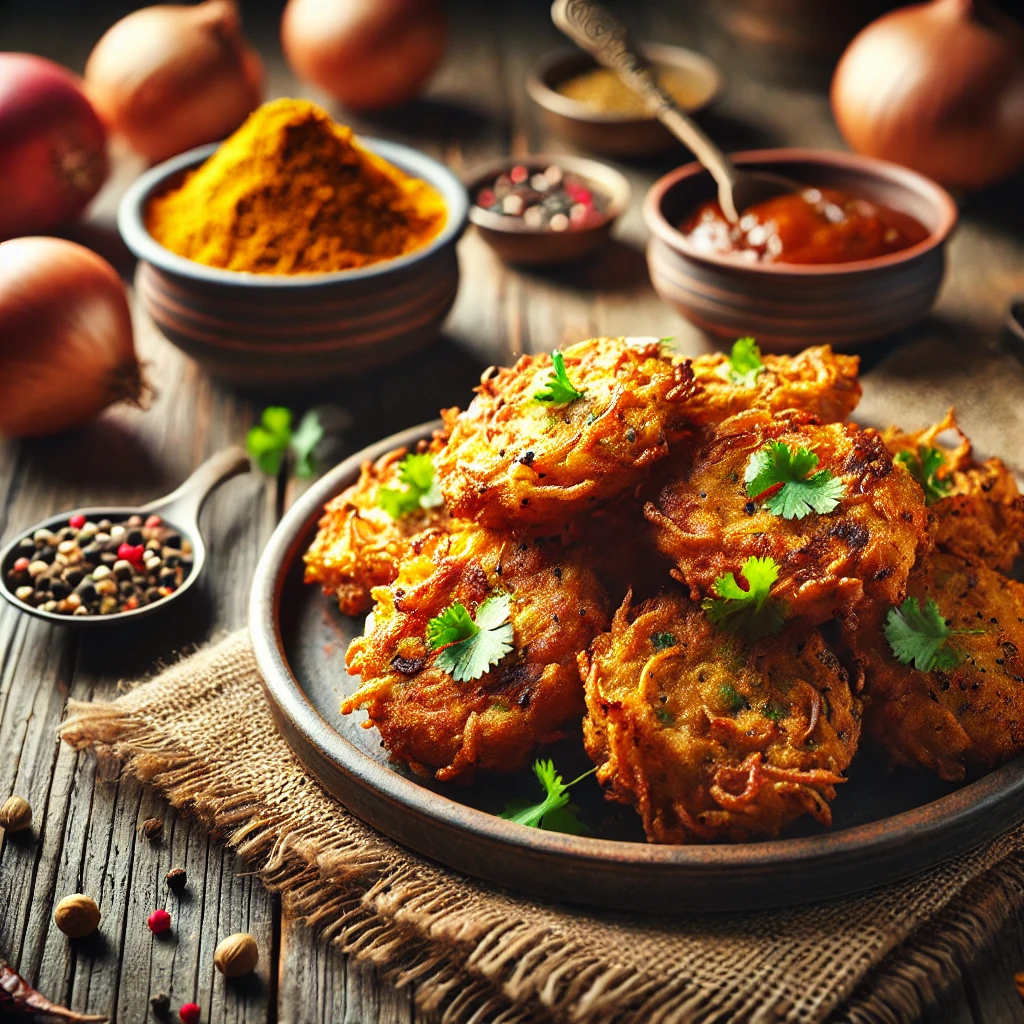 Golden-brown, deep-fried onion fritters with a crunchy texture, seasoned with aromatic Indian spices, garnished with cilantro, and served with tangy tamarind chutney.