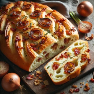 A freshly baked onion and bacon fougasse on a rustic wooden table, featuring a golden, crispy crust with a signature leaf-like shape and slits in the dough. Caramelized onions and crispy bacon pieces are baked into the surface, adding rich flavor. A few pieces are torn open to reveal the soft, airy interior. The bread rests on a wooden cutting board, with scattered fresh herbs, onion slices, and crispy bacon bits nearby. Soft natural lighting enhances the warm, inviting tones.
