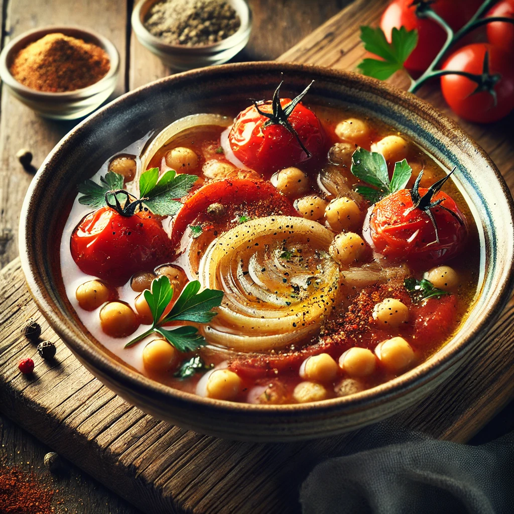 A beautifully plated bowl of onion, tomato, and chickpea soup, featuring a rich, hearty broth made with caramelized onions, ripe tomatoes, and tender chickpeas. The bowl rests on a wooden table with soft, natural lighting highlighting the nourishing and comforting presentation.