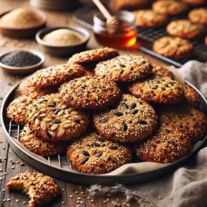 A batch of freshly baked Open Sesame Cookies with a golden-brown color and a crisp, slightly chewy texture. The cookies are generously coated with toasted white and black sesame seeds, giving them a nutty aroma and a speckled appearance. They are arranged on a rustic wooden table, with some stacked and others cooling on a wire rack. A small bowl of sesame seeds and a drizzle of honey complete the cozy, homemade presentation. Warm, natural lighting enhances the artisanal feel.