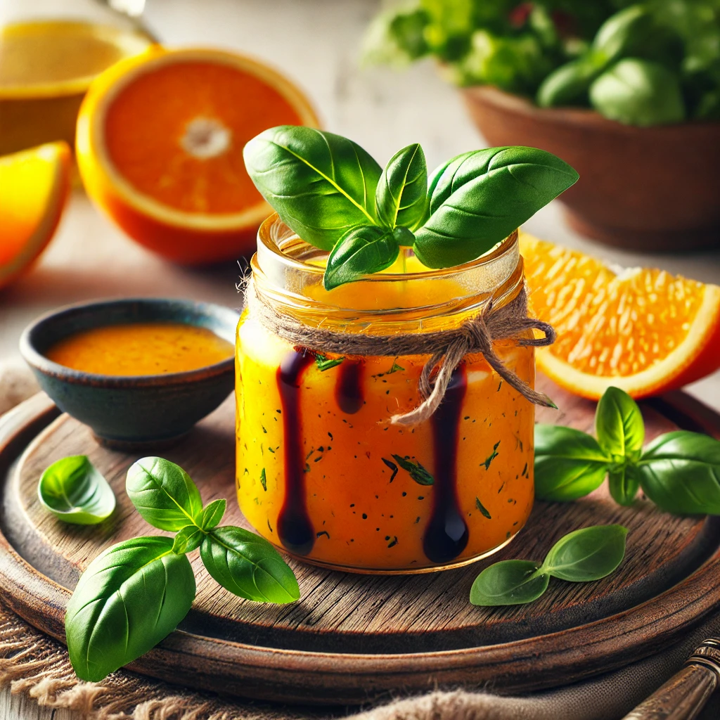 Orange basil balsamic dressing in a glass jar with fresh basil and balsamic swirls, surrounded by orange slices and mixed greens, set on a rustic wooden board in a bright, airy Mediterranean-inspired setting.