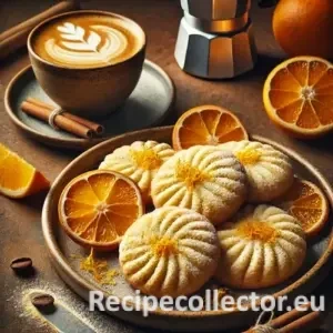 Rustic food photo of round, golden-brown orange cappuccino cookies on a ceramic plate, dusted with powdered sugar and orange zest, some with espresso glaze, alongside a cappuccino and fresh orange slices on a wooden table.