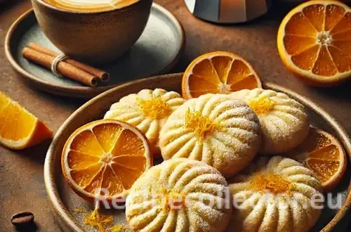 Rustic food photo of round, golden-brown orange cappuccino cookies on a ceramic plate, dusted with powdered sugar and orange zest, some with espresso glaze, alongside a cappuccino and fresh orange slices on a wooden table.