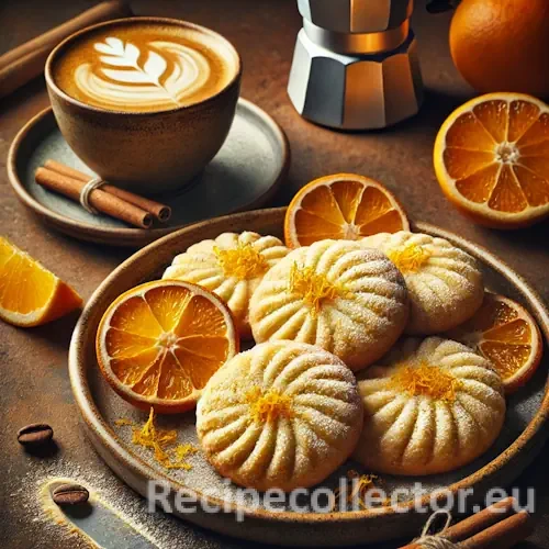 Rustic food photo of round, golden-brown orange cappuccino cookies on a ceramic plate, dusted with powdered sugar and orange zest, some with espresso glaze, alongside a cappuccino and fresh orange slices on a wooden table.
