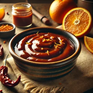 A bold and smoky Orange Chipotle Barbecue Sauce served in a rustic ceramic bowl. The sauce has a deep reddish-brown hue with a smooth, glossy texture, infused with the sweet citrus of oranges and the smoky heat of chipotle peppers. It is garnished with a drizzle of sauce and a sprinkle of orange zest. The bowl sits on a rustic wooden table, accompanied by fresh orange slices, dried chipotle peppers, and a basting brush. Warm, natural lighting enhances the inviting, homemade feel.