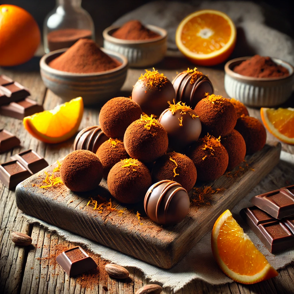 A rustic presentation of orange chocolate truffles, elegantly arranged on a wooden table. The truffles are rich, dark chocolate spheres infused with zesty orange flavor, coated in cocoa powder and finely grated orange zest. Some truffles are stacked on a wooden cutting board, while others are scattered to showcase their velvety texture. A drizzle of melted chocolate and a few orange slices add extra freshness. Scattered around are cocoa beans, chocolate shavings, and a small dish of extra cocoa powder. Soft natural lighting enhances the warm and inviting feel, with gentle shadows and a hint of rustic charm in the background.
