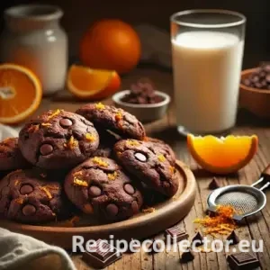 A rustic wooden table with freshly baked orange double chocolate cookies, surrounded by chocolate chips, orange zest, and a glass of cold soy milk.