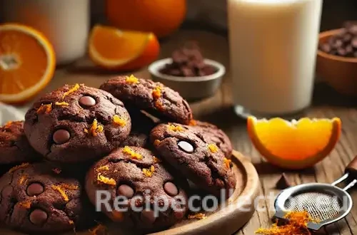 A rustic wooden table with freshly baked orange double chocolate cookies, surrounded by chocolate chips, orange zest, and a glass of cold soy milk.