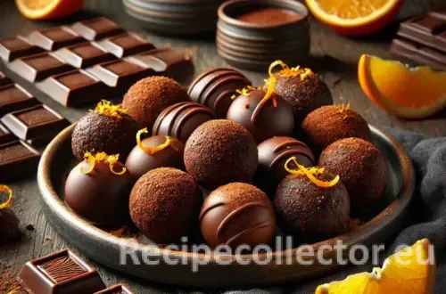 A stack of rich chocolate cookies with orange zest, studded with melted dark chocolate chunks and drizzled with white chocolate, placed on a rustic plate against a warm-toned background.