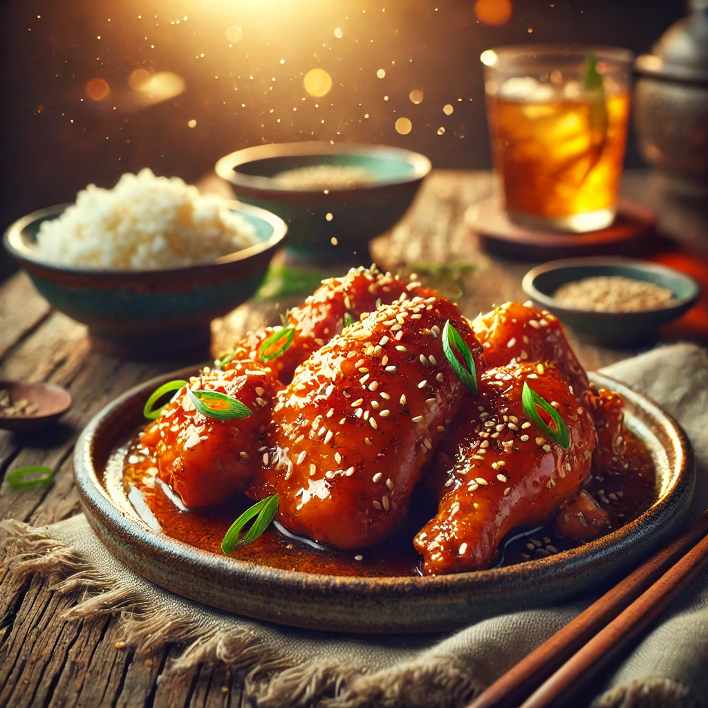 Orange Glazed Chicken with Sesame Seeds on a rustic ceramic plate, featuring golden-brown chicken pieces coated in a sticky, tangy orange glaze. Garnished with toasted sesame seeds and green onions, set on a wooden table with steamed rice and a glass of iced tea in the softly blurred background.