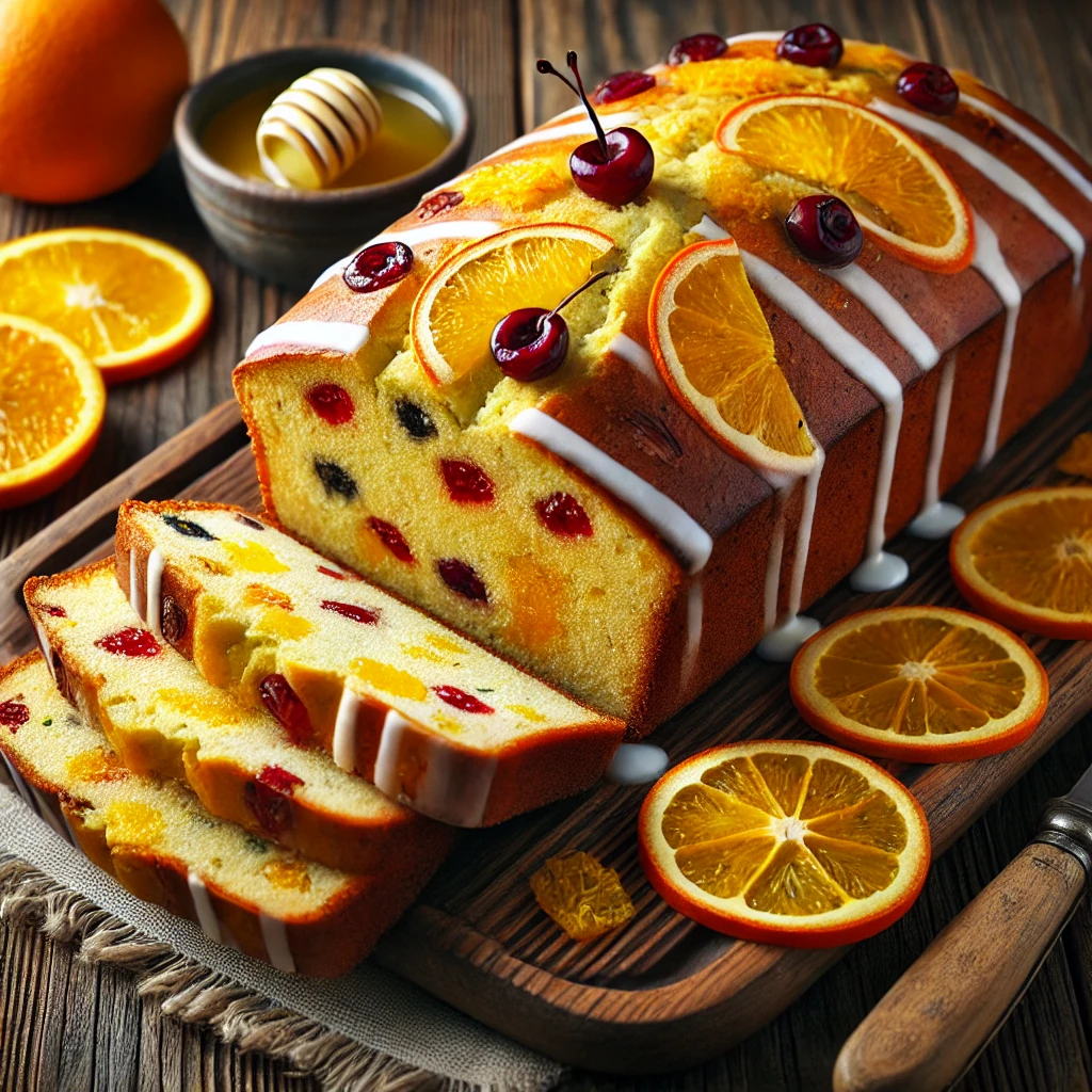 A beautifully plated loaf of Orange, Lemon, and Cherry Bread served on a rustic wooden table. The bread has a golden-brown crust with a soft, citrus-infused interior filled with pieces of candied orange, lemon zest, and cherries. Lightly drizzled with a citrus glaze and garnished with thin slices of orange and lemon. Sliced and arranged on a wooden cutting board, served with a side of butter and honey. The warm wooden table is more visible, providing a cozy and inviting setting.