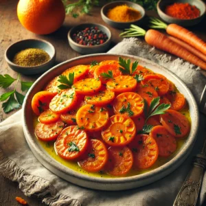 A bowl of tender carrot coins glazed with cumin, coriander, and orange juice, garnished with parsley and orange zest, set on a wooden table with fresh orange and spices in the background.