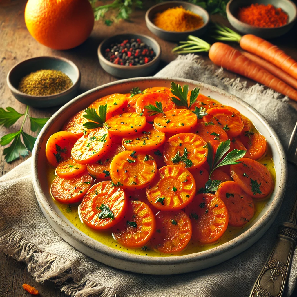 A bowl of tender carrot coins glazed with cumin, coriander, and orange juice, garnished with parsley and orange zest, set on a wooden table with fresh orange and spices in the background.