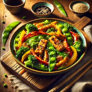 A ceramic bowl filled with Oriental Chicken Delight featuring plant-based chicken strips stir-fried with colorful vegetables like bell peppers, broccoli, carrots, and snap peas, garnished with sesame seeds and green onions, served with chopsticks and soy sauce on a wooden table.