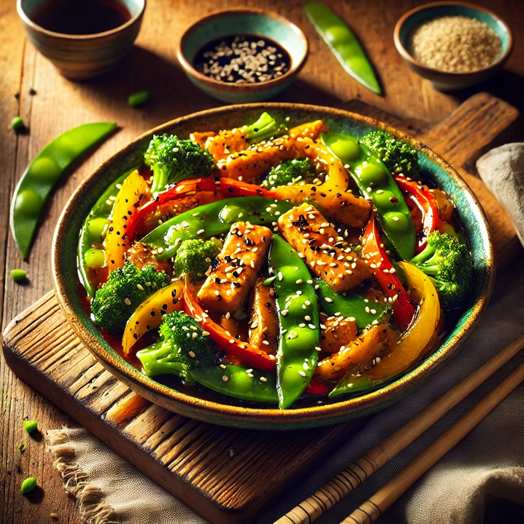 A ceramic bowl filled with Oriental Chicken Delight featuring plant-based chicken strips stir-fried with colorful vegetables like bell peppers, broccoli, carrots, and snap peas, garnished with sesame seeds and green onions, served with chopsticks and soy sauce on a wooden table.
