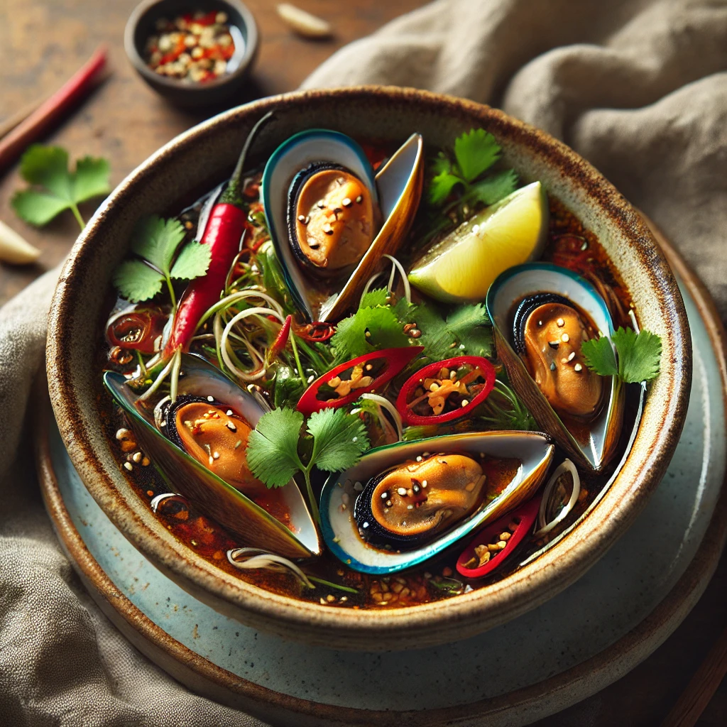 A beautifully plated bowl of Oriental mussel soup, featuring a rich, aromatic broth with plump mussels, thinly sliced red chilies, and fresh cilantro. The bowl rests on a wooden table with a linen napkin, with soft, natural lighting highlighting the fresh and exotic flavors of the dish.