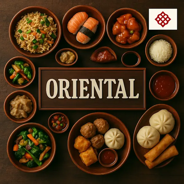 Authentic Oriental cuisine flat lay with fried rice, sushi, sweet and sour chicken, dumplings, steamed buns, spring rolls, and wok vegetables in rustic wooden bowls, centered around ORIENTAL sign with symbolic flag.