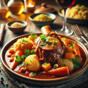 Osso Buco on a rustic ceramic plate, featuring braised veal shank in a rich tomato-based sauce with carrots, onions, and celery. Garnished with fresh gremolata, served alongside risotto, with a glass of red wine in the softly blurred background.