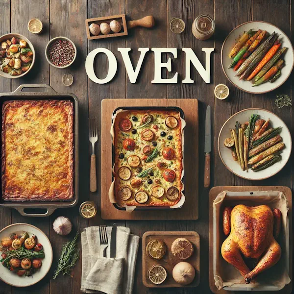 A rustic flat lay of oven-cooked dishes on a medium-dark wooden table with horizontal planks. The food includes lasagna in a baking dish, roasted vegetables, and baked chicken or casserole, presented in oven-safe trays with herb garnishes. At the top, the word 'OVEN' is written in large cream-colored serif letters, centered and clearly visible.