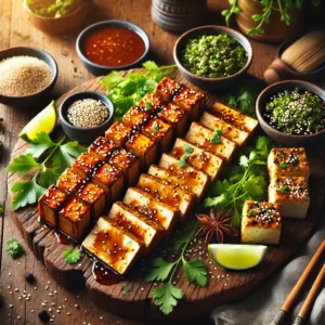 A platter of Oven-Smoked Tofu in three flavors: barbecue-glazed, sesame-soy marinated, and herb-crusted, arranged on a wooden board with dipping sauces, garnished with herbs, sesame seeds, and lime wedges