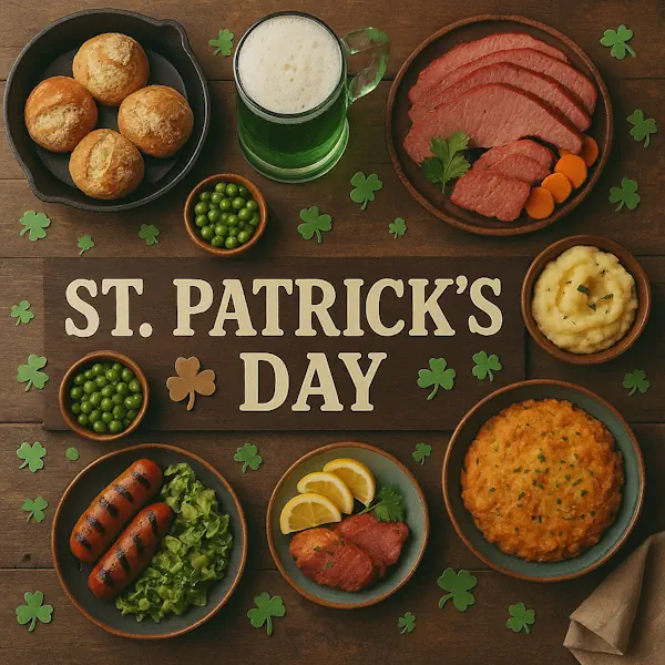 Top-down view of a rustic wooden table featuring a festive St. Patrick’s Day spread arranged around a central sign labeled ST. PATRICK'S DAY. Includes corned beef, sausages, mashed potatoes, peas, soda bread, fried potato cake, cabbage, lemon slices, and a glass of green beer, all surrounded by green shamrock confetti.
