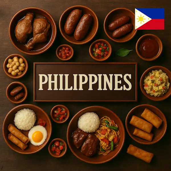 Authentic Filipino cuisine flat lay with chicken adobo, pork adobo, longganisa sausages, lumpia spring rolls, pancit noodles, garlic rice, and vegetable salad in rustic wooden bowls, centered around PHILIPPINES sign with the national flag.