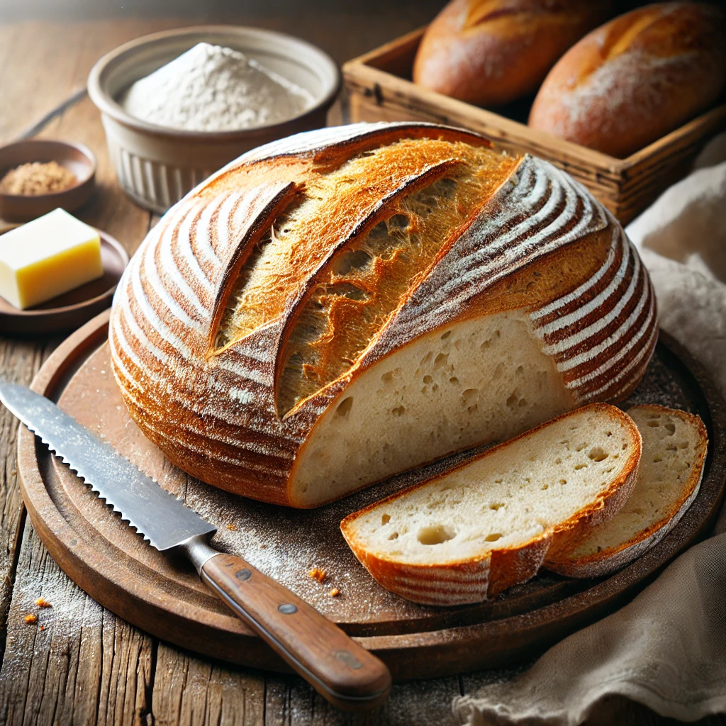 A freshly baked Pain de Campagne on a rustic wooden table, featuring a round, golden-brown crust with a dusting of flour and a beautiful scoring pattern on top. A few slices are cut to reveal the soft, airy interior with an open crumb. The bread rests on a wooden cutting board, accompanied by a serrated bread knife, a small dish of butter, and scattered flour. Soft natural lighting enhances the warm, inviting tones.