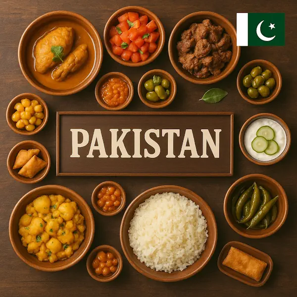 Authentic Pakistani cuisine flat lay with chicken curry, biryani rice, samosas, spiced potatoes, chickpeas, chutneys, and raita in rustic wooden bowls, centered around PAKISTAN sign with the national flag, softly brightened with light from the left side.